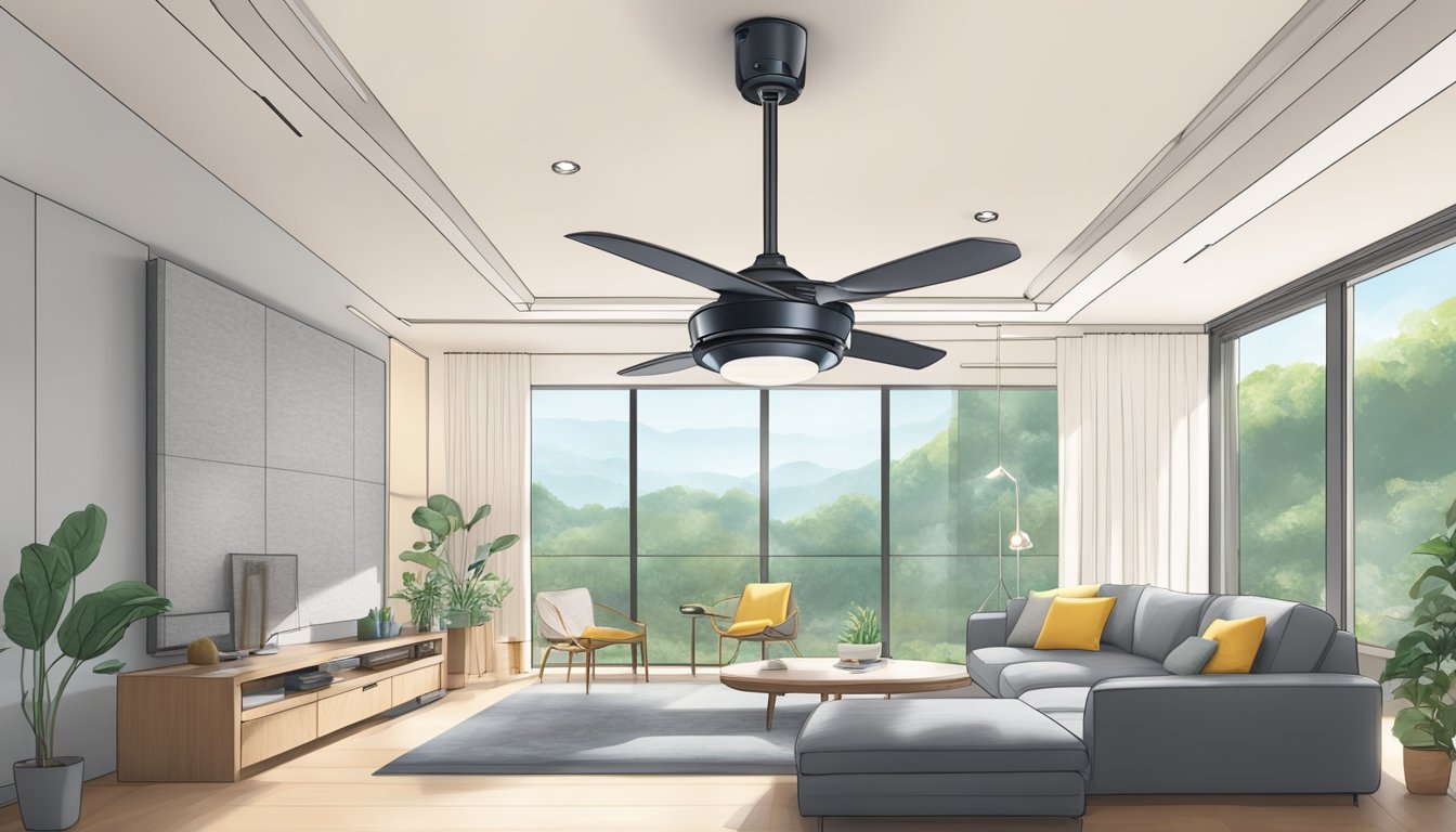 A technician installs a bladeless ceiling fan in a modern Singaporean home. Wires are connected, and the fan is tested for functionality