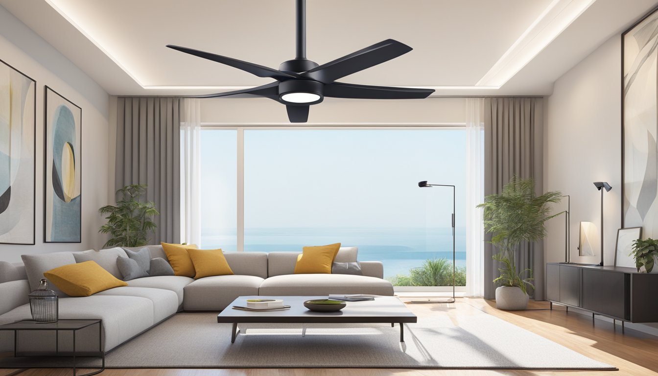 A modern, bladeless ceiling fan hangs from the center of a sleek, minimalist living room with high ceilings and large windows