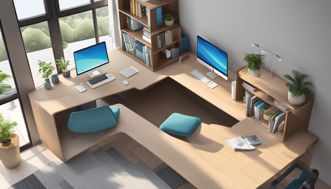 A modern l-shaped study table with sleek lines and ample storage, featuring a built-in bookshelf and a pull-out keyboard tray