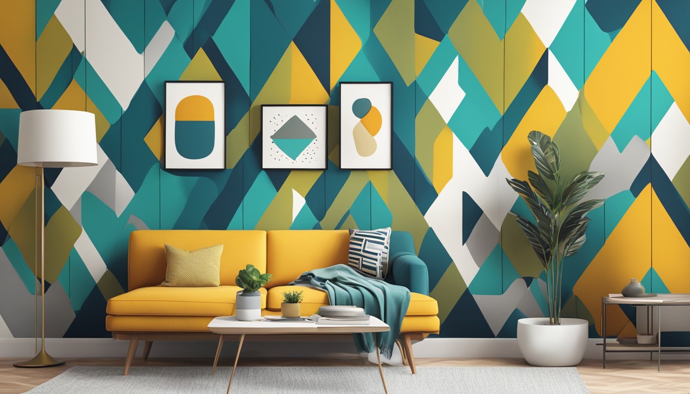 A bold accent wall with geometric patterns and vibrant colors, adding a focal point to the room's decor