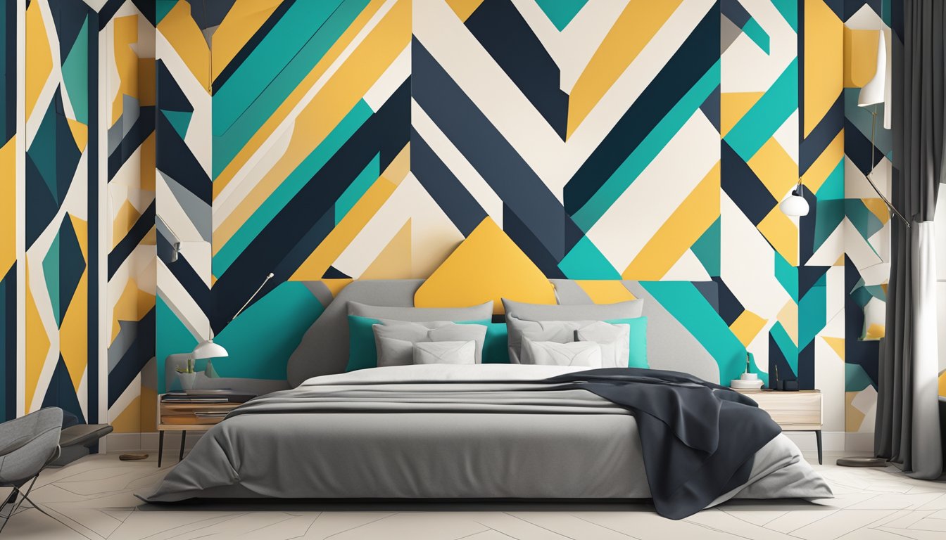 A bold, geometric pattern in contrasting colors covers one wall, drawing the eye and adding visual interest to the room