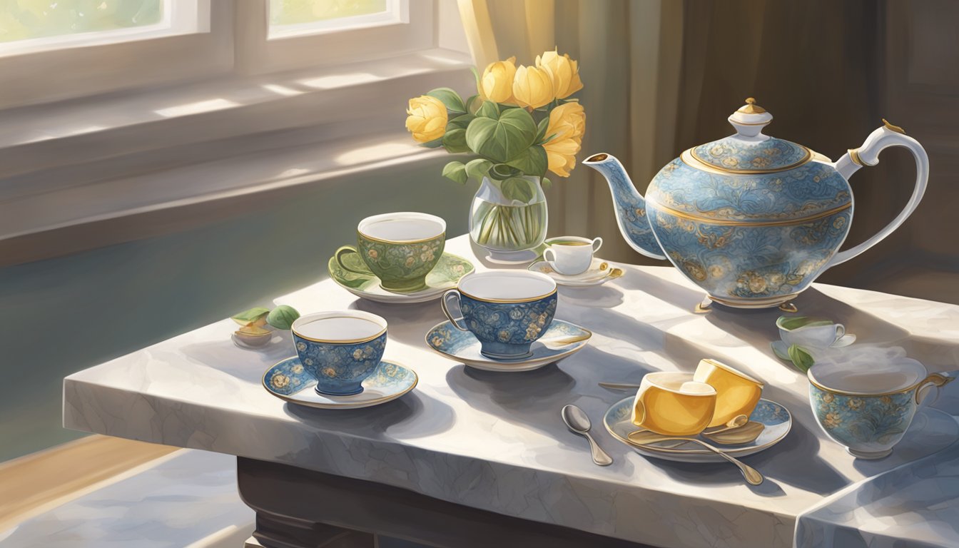 A granite tea table sits in a sunlit room, adorned with delicate teacups and a steaming pot
