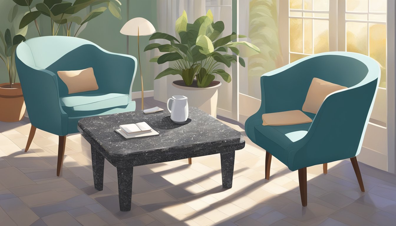 A granite tea table sits in a sunlit room, surrounded by plush chairs and potted plants. The table's smooth surface reflects the warm glow, creating a serene atmosphere