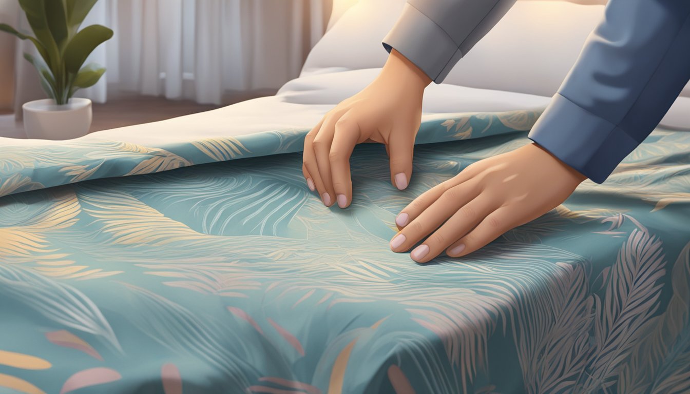A hand reaches out to touch various single bed sheets, carefully examining the fabric and patterns