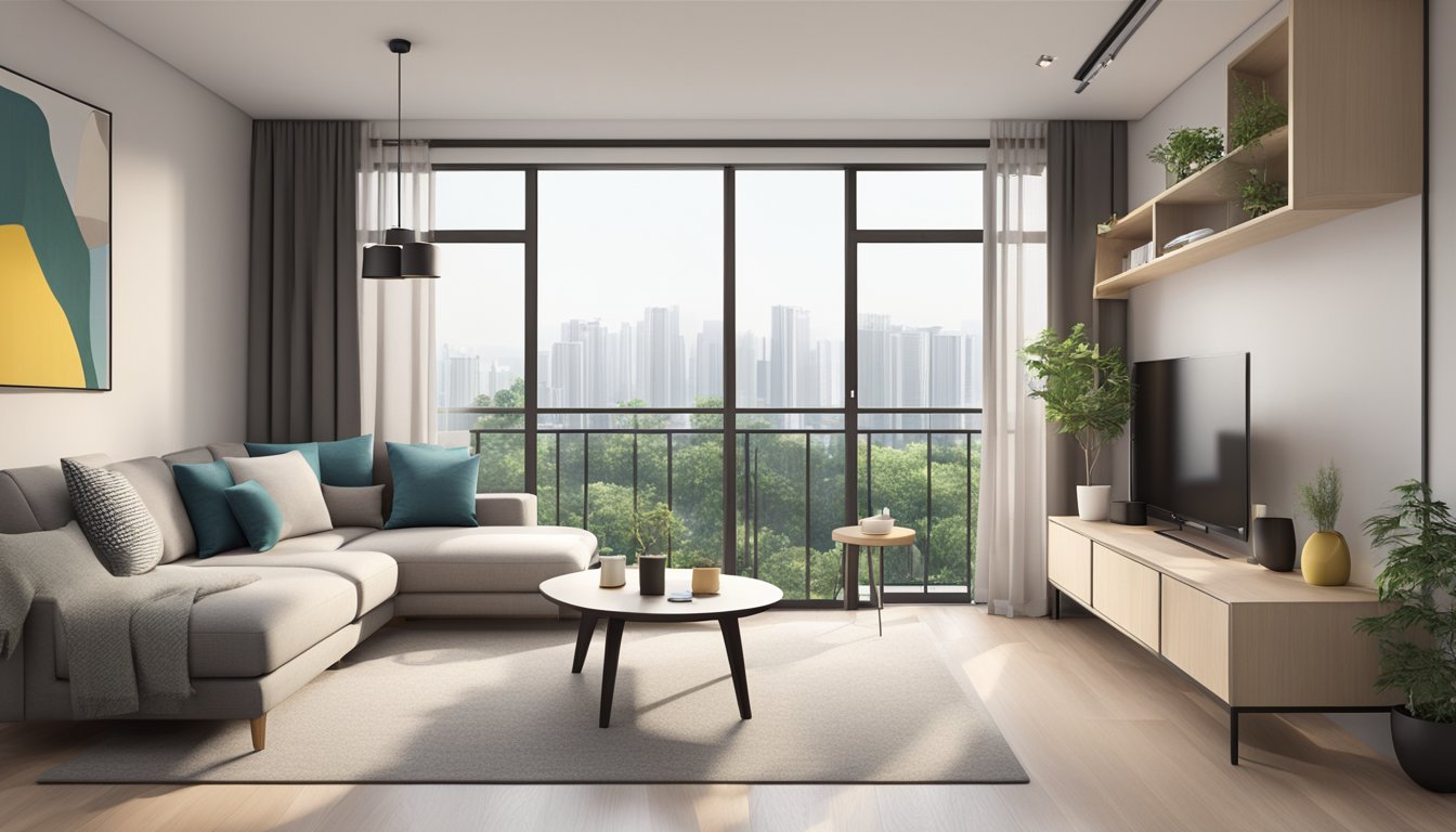 A modern 3-room HDB with a spacious living area, minimalist furniture, and natural lighting from large windows