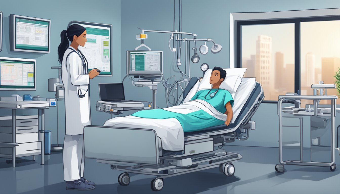 A person resting in a hospital bed, surrounded by medical equipment and monitors. A doctor and nurse are discussing the patient's recovery plan