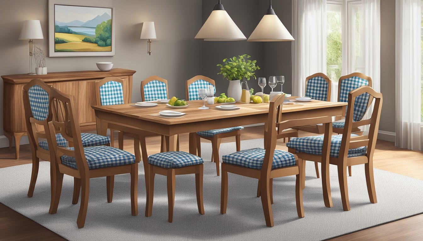 Six dining table chairs arranged around a rectangular wooden table with a checkered tablecloth. Each chair has a cushioned seat and a high backrest