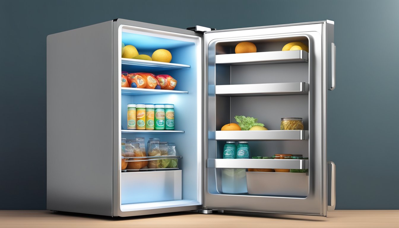 A mini fridge with a freezer compartment sits against a wall, its sleek silver exterior reflecting the light. The door is slightly ajar, revealing neatly organized shelves and a small freezer section