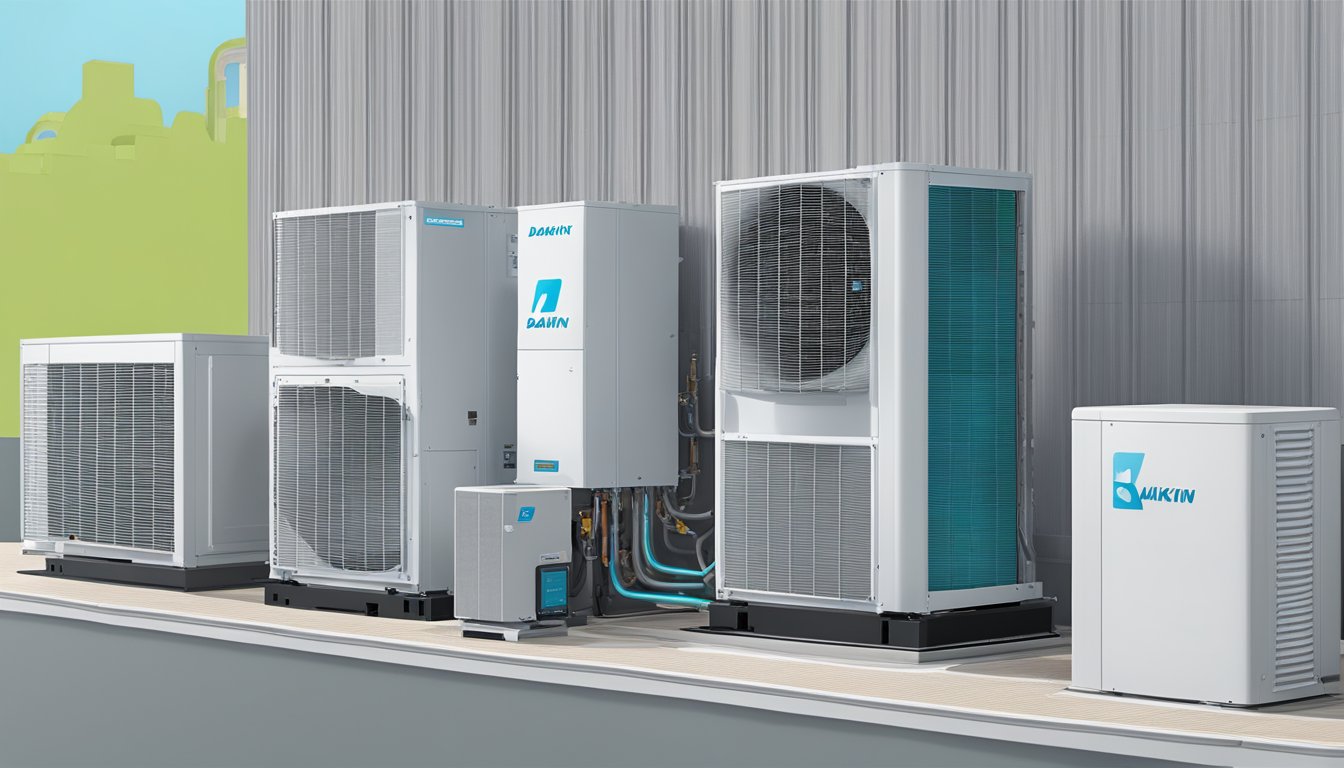 A computer screen displaying the Daikin online platform with various HVAC products and options