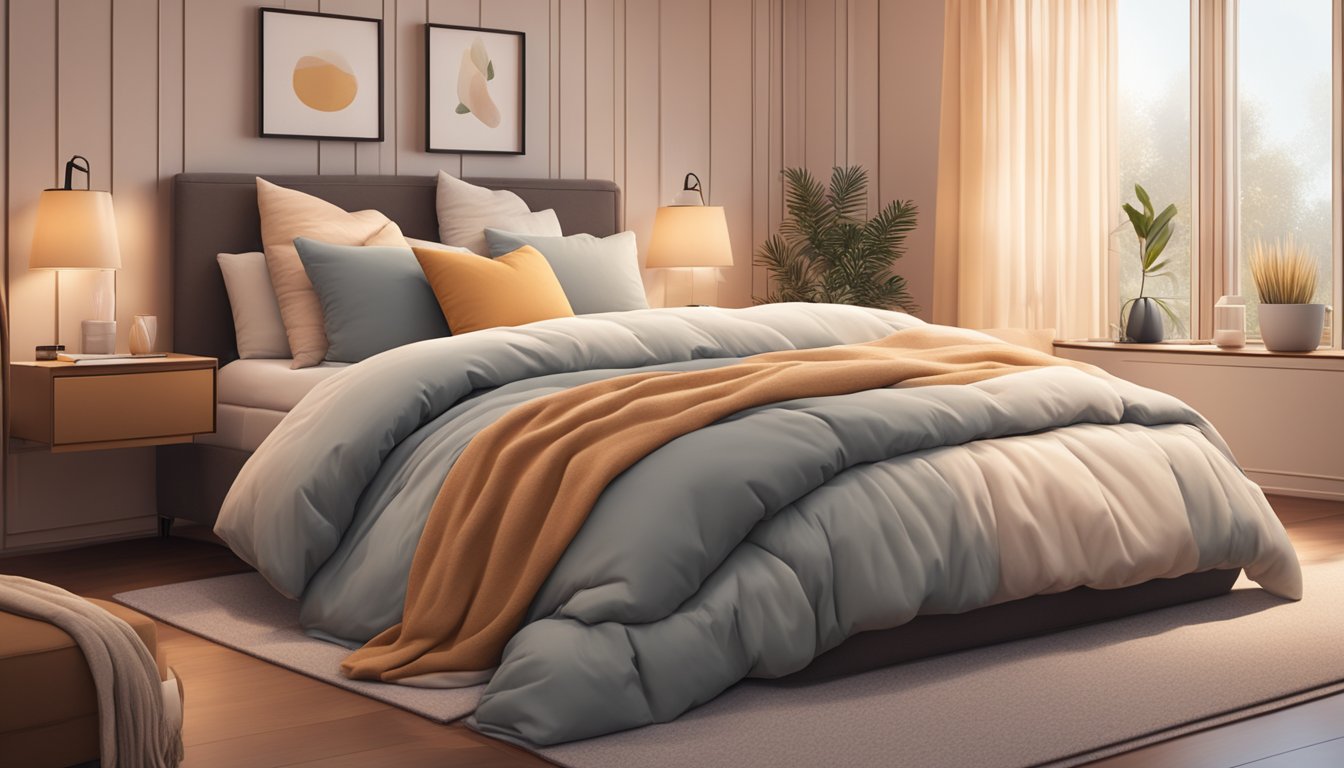 A queen size bed with fluffy pillows and a cozy duvet, surrounded by soft lighting and a warm color palette