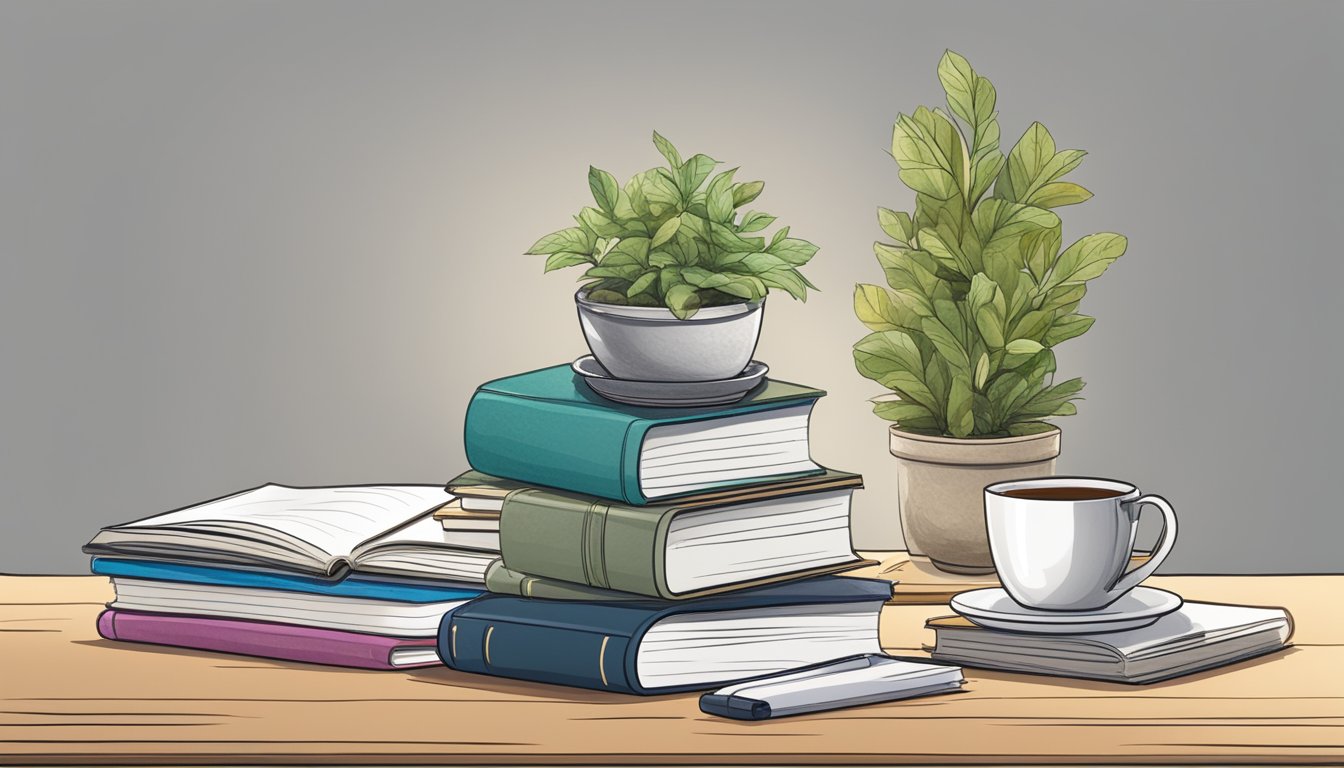 A granite tea table with a stack of books, a potted plant, and a cup of steaming tea. A notepad and pen are nearby