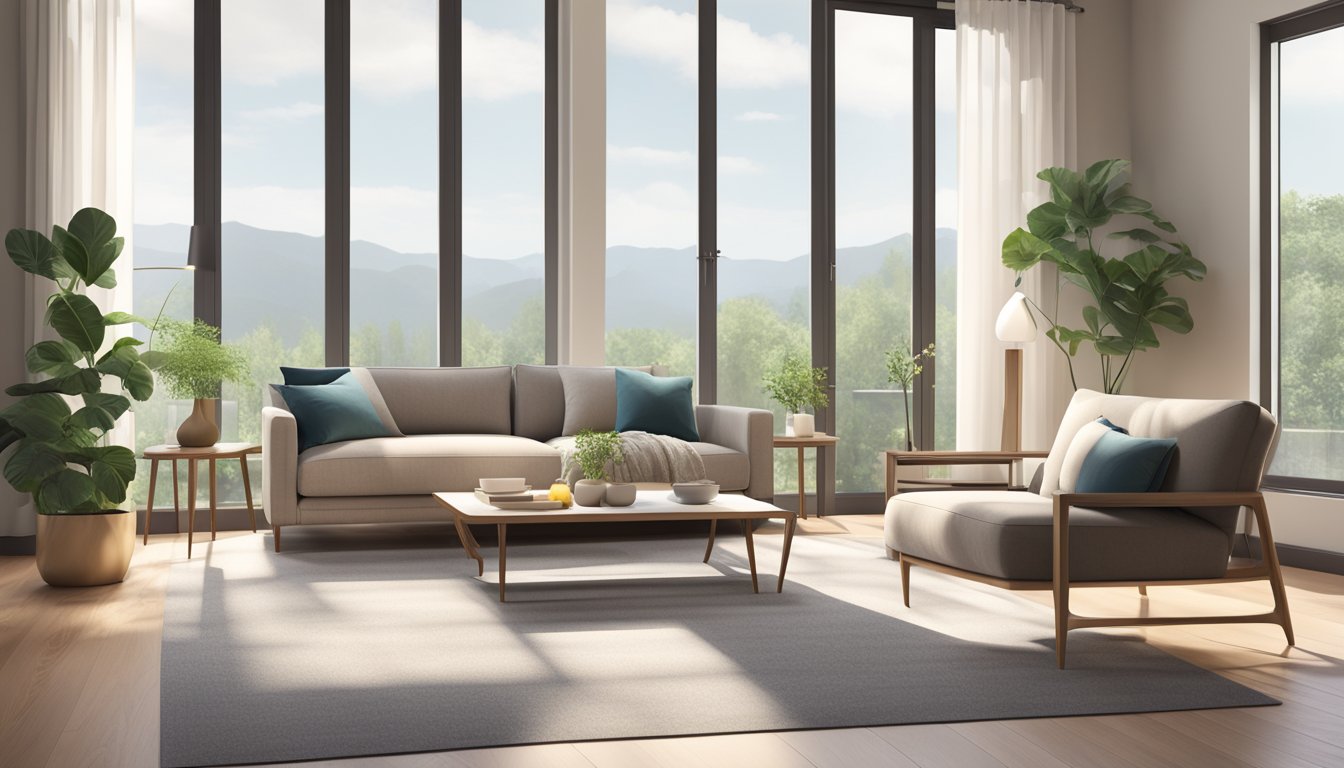 A cozy living room with a modern two-seater sofa in a neutral color, placed against a large window with natural light streaming in