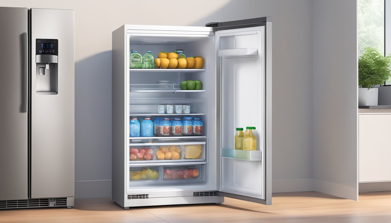A person opens a mini fridge with a freezer compartment, examining the shelves and storage space inside. The fridge is sleek and modern, with a digital temperature display and adjustable shelves