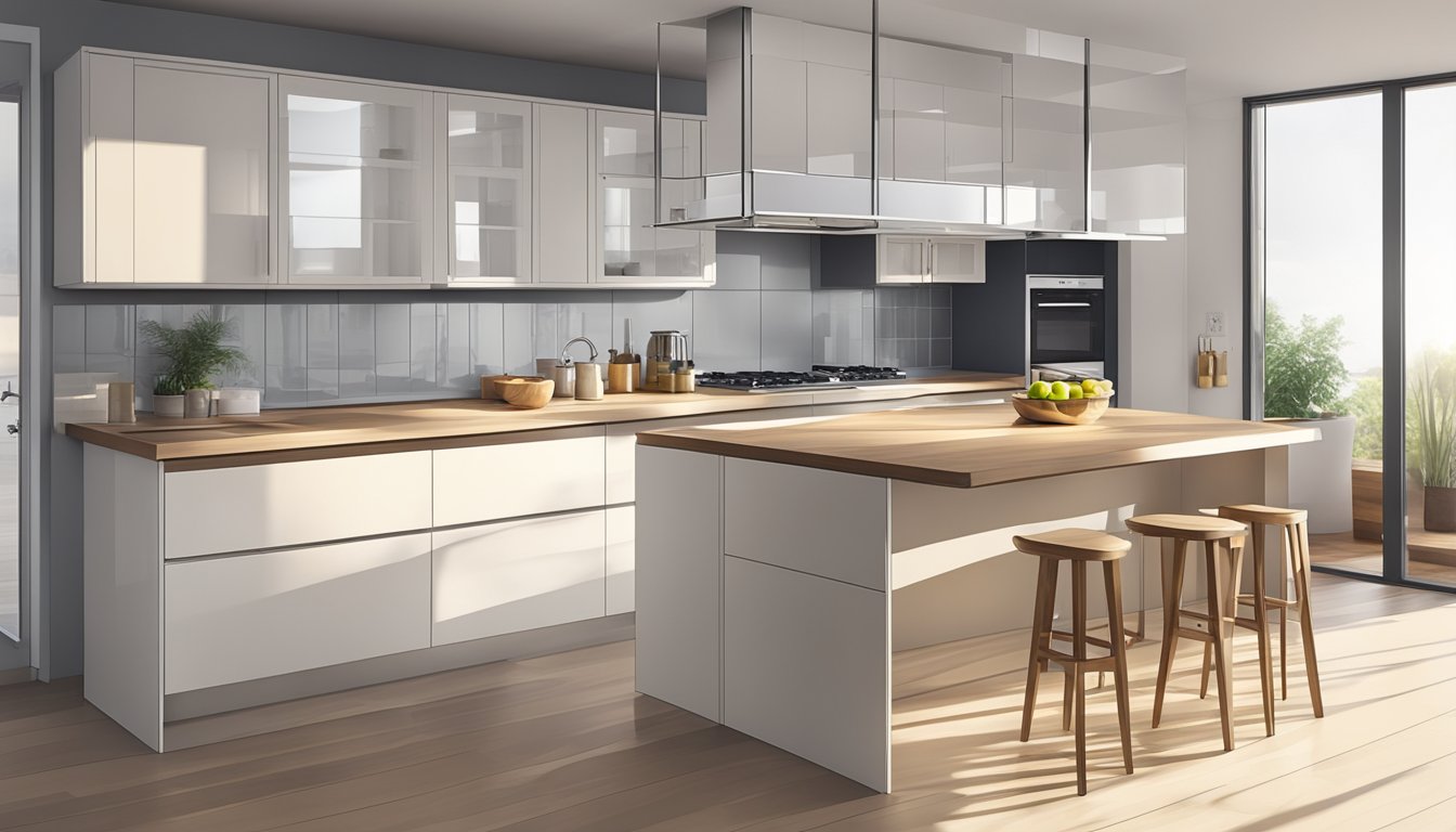 Laminate kitchen cabinets gleam in the sunlight, reflecting the clean lines and modern design of the space