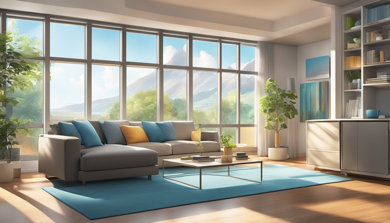 A colorful array of Daikin products fills the room, showcasing innovative technology and sleek design. Light streams in through the windows, casting a warm glow over the scene