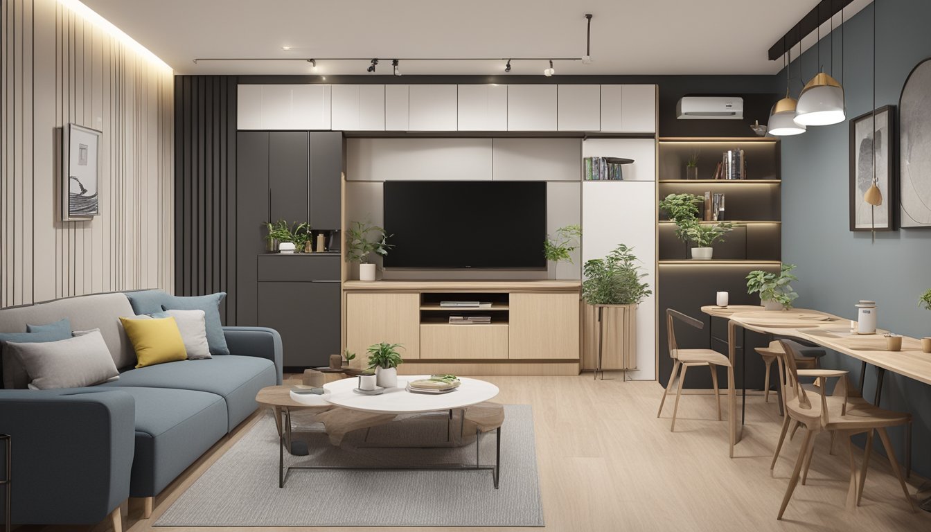 The 3-room HDB is cleverly designed with multifunctional furniture, built-in storage, and space-saving solutions, creating a spacious and organized living area
