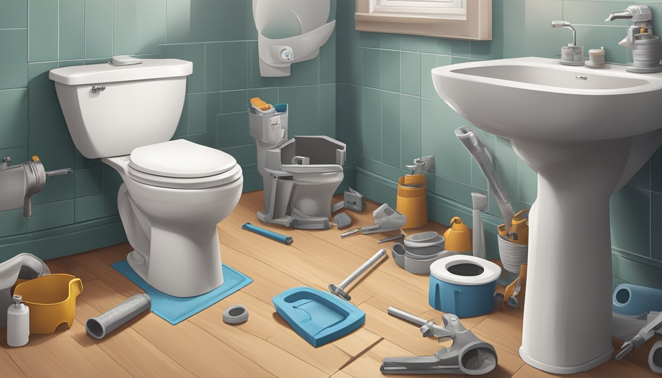 A toilet being removed from the floor, pipes exposed, tools scattered around, and a new toilet sitting nearby ready to be installed