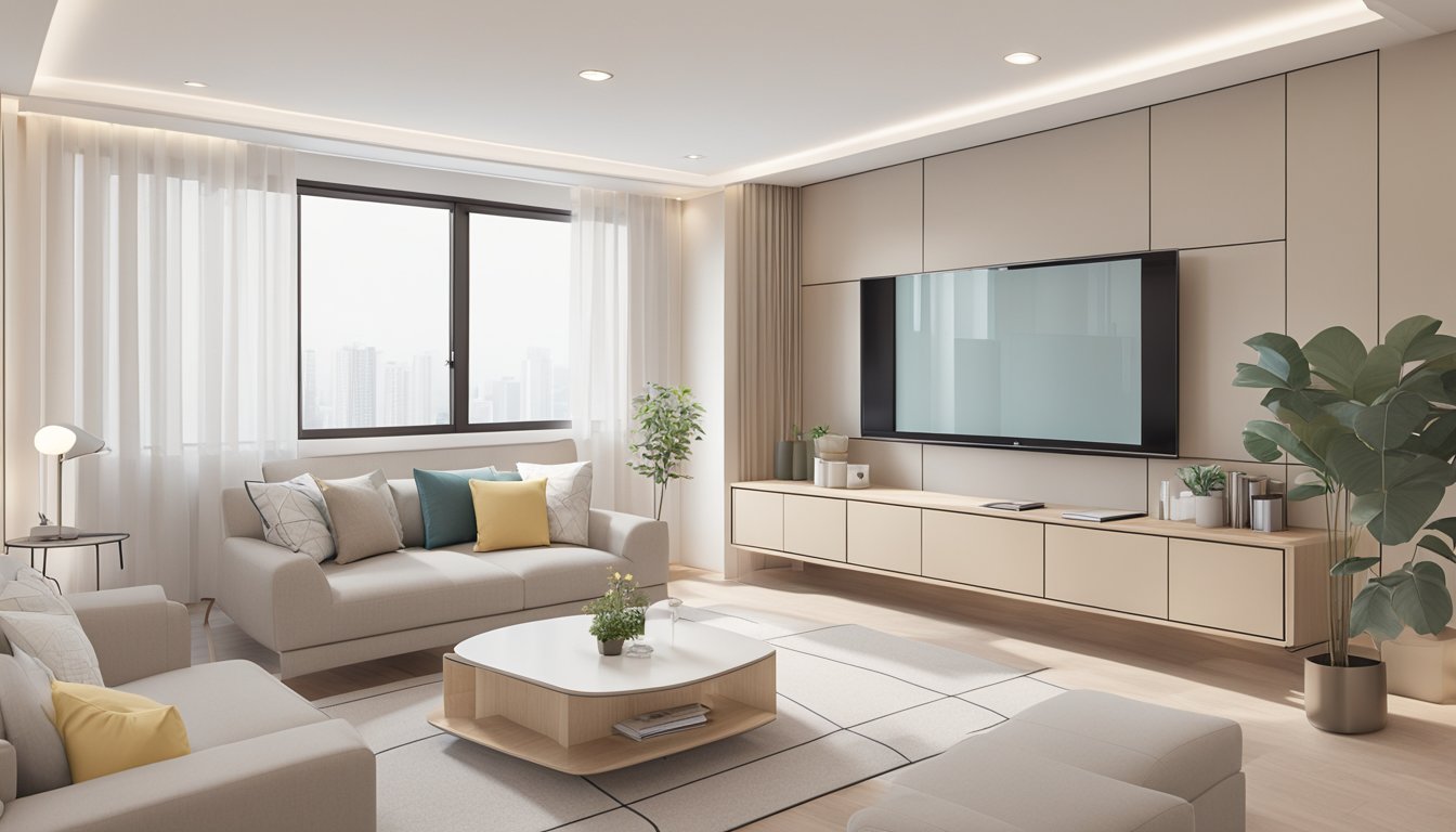 A modern, minimalist 3-room HDB interior with clean lines, neutral colors, and natural light. Simple furniture and geometric patterns add a touch of contemporary style