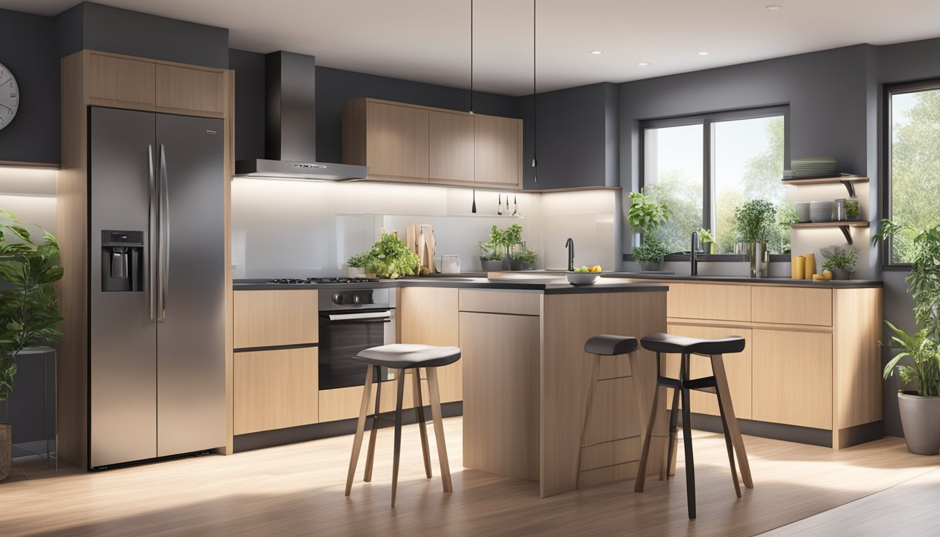 A kitchen with sleek laminate cabinets, reflecting light and adding a modern touch to the space