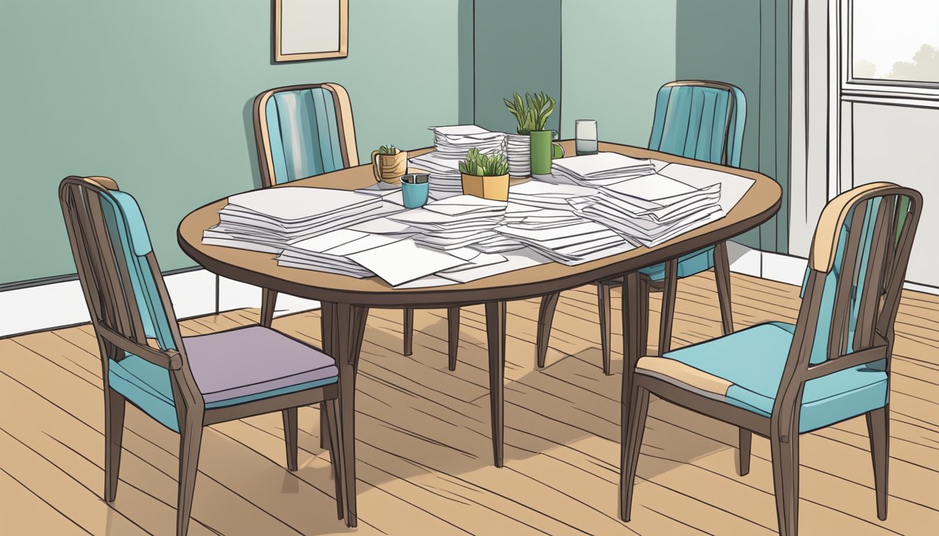 A dining table with four chairs arranged around it, with a stack of Frequently Asked Questions (FAQ) papers placed in the center of the table
