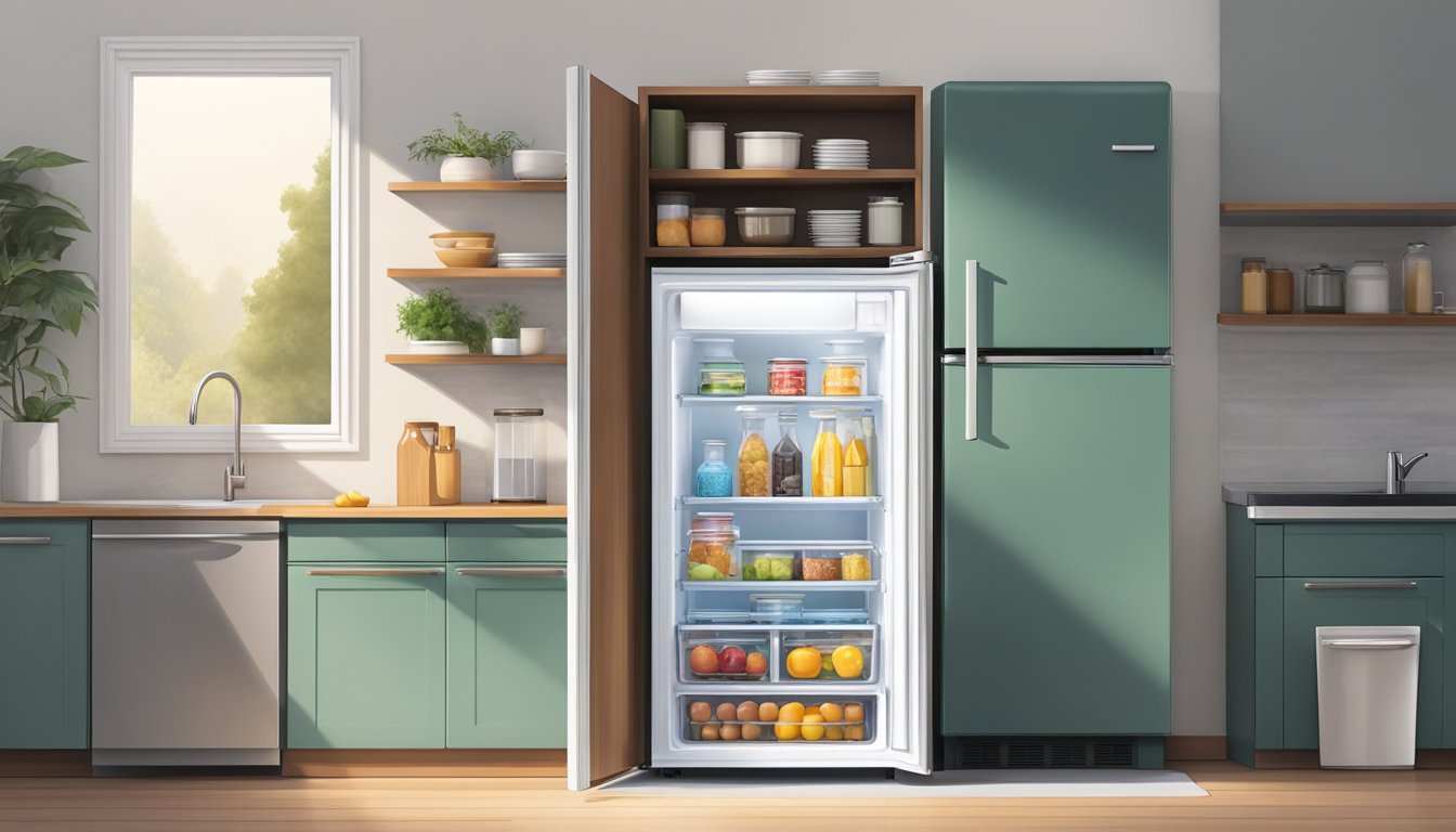 A small mini fridge with a built-in freezer sits on a kitchen counter, its door slightly ajar, revealing neatly organized shelves and a compact freezer compartment
