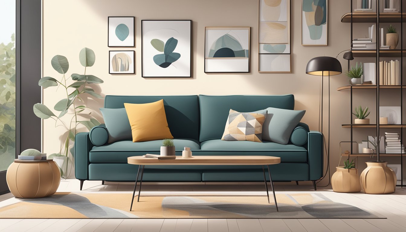 A cozy living room with a sleek two-seater sofa nestled against a wall, surrounded by stylish decor and clever storage solutions