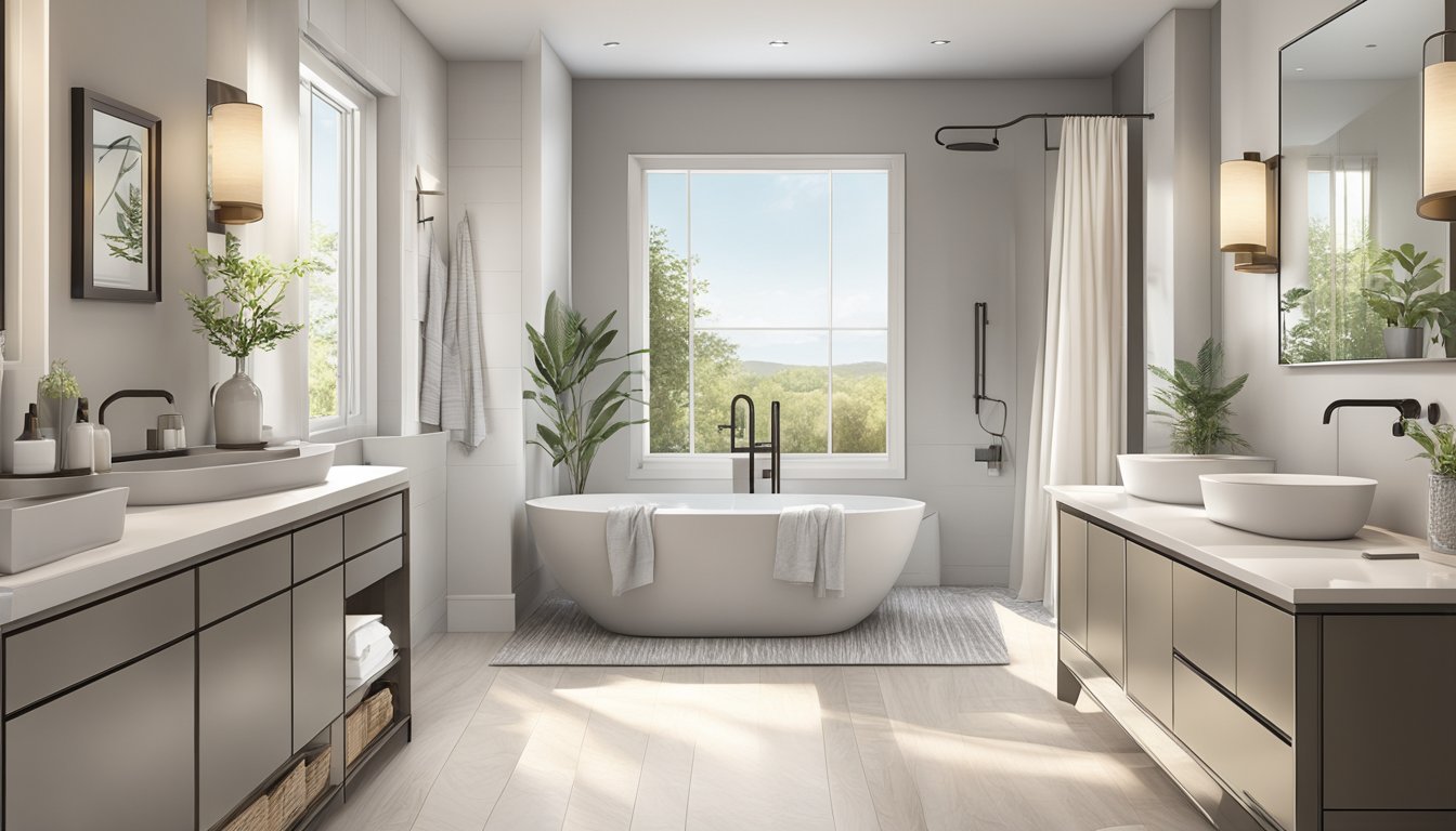 A bathroom with modern fixtures, clean lines, and a neutral color palette. A large mirror and ample lighting create a bright and airy space