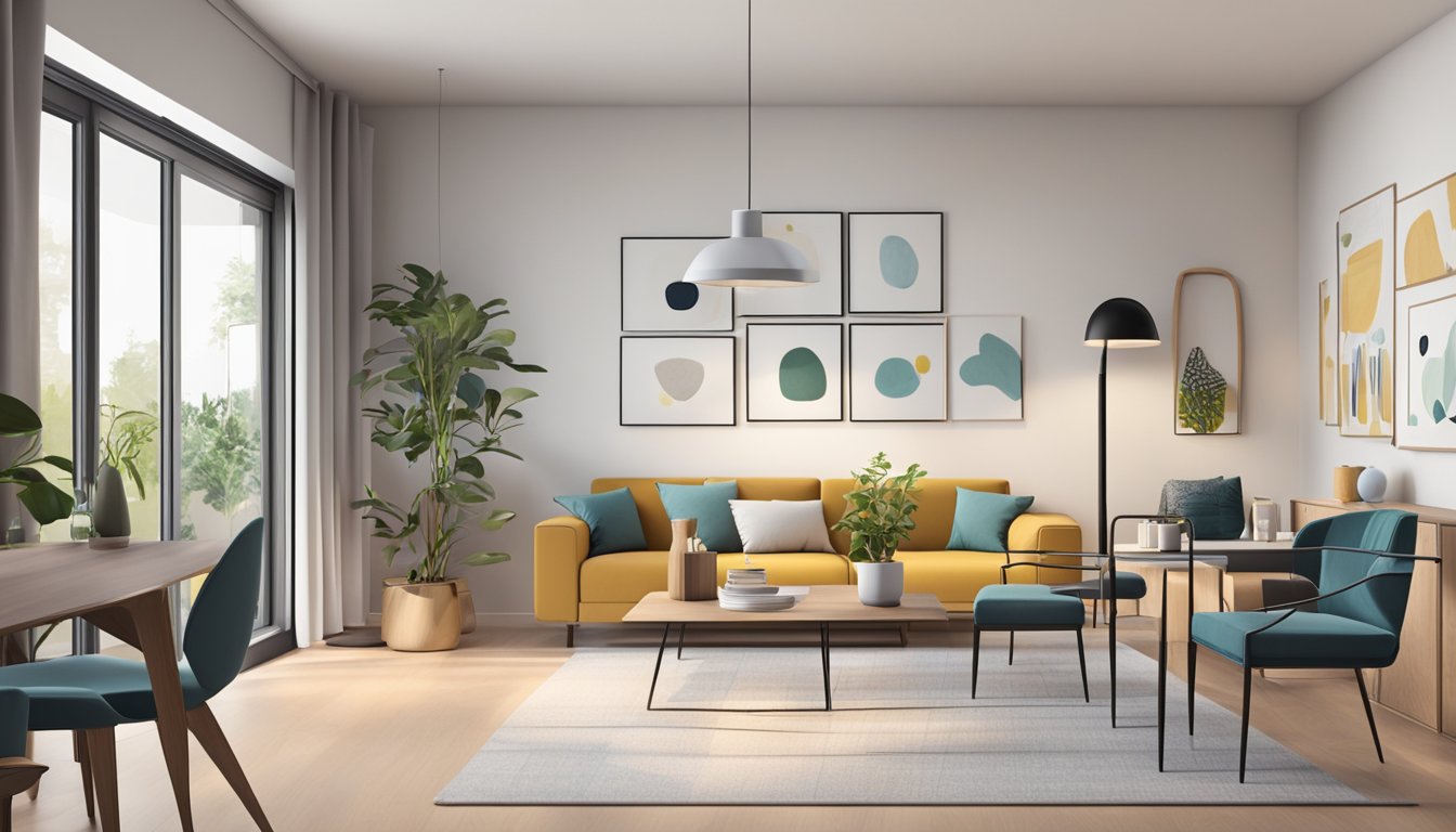 A cozy living room with modern furniture and a minimalist design. A small dining area is adjacent, with a kitchen in the background