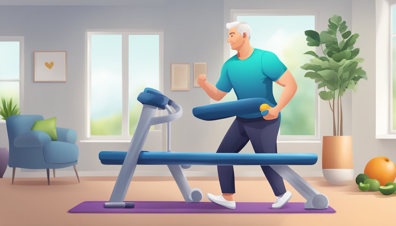 A person engages in physical therapy and adopts a healthier lifestyle after a heart attack, focusing on exercise and dietary changes