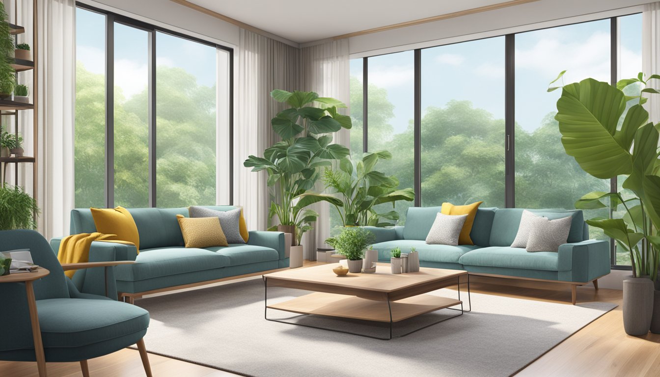 A modern living room with a sleek two-seater sofa in Singapore, surrounded by plants and natural light