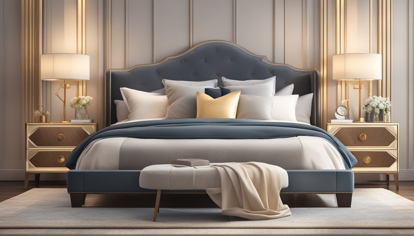 A luxurious queen size bed with plush pillows and a soft, inviting comforter. Elegant bedside tables with warm lighting and a cozy rug underfoot