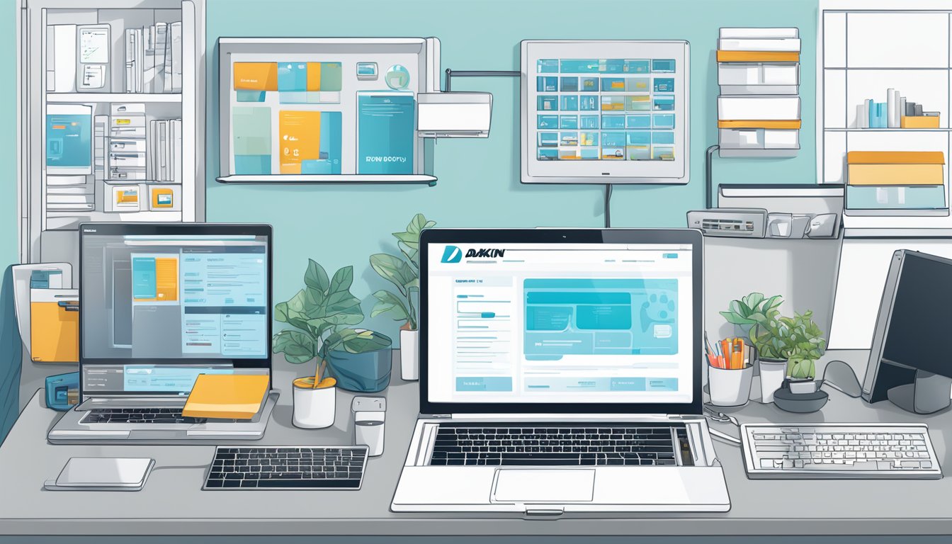 A laptop displaying the Daikin website with a FAQ section open, surrounded by various electronic devices and a comfortable workspace