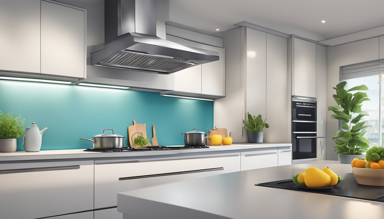 A sleek stainless steel kitchen hood hovers over a modern stovetop in a brightly lit Singaporean kitchen