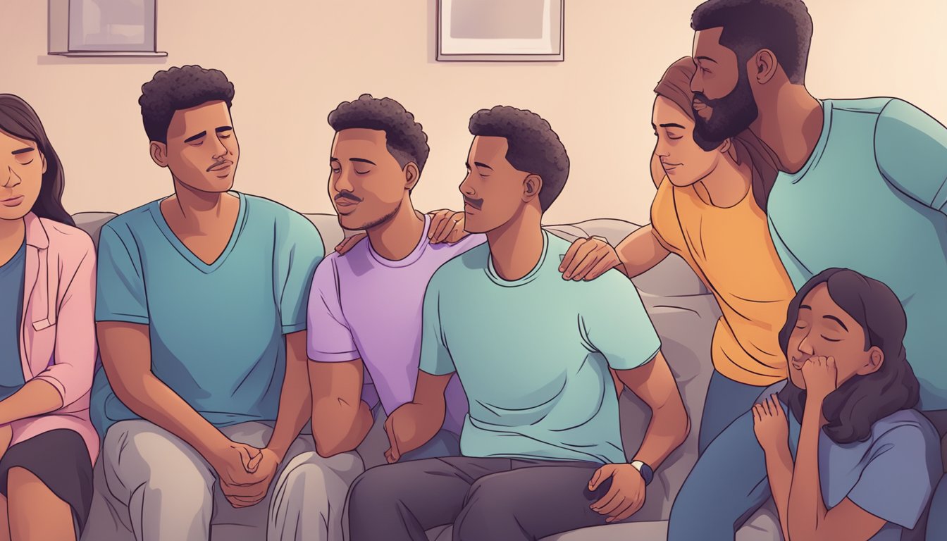 A person receiving emotional support from a group of friends and family after a heart attack