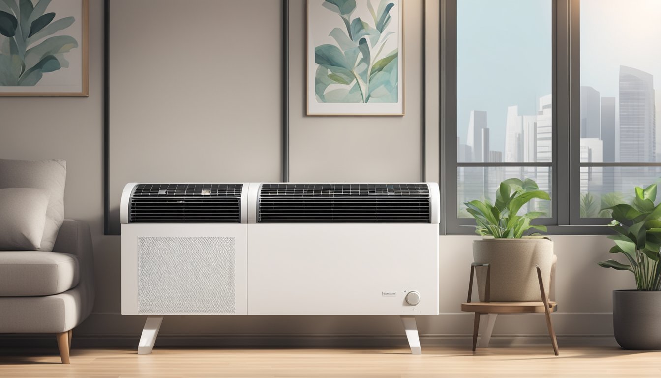 A sleek air conditioning unit sits in a modern Singaporean apartment, with a price tag displayed prominently