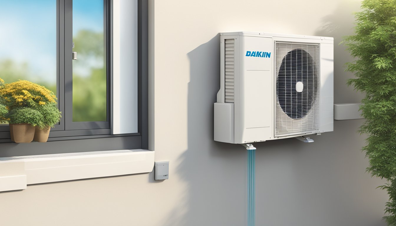 A Daikin split air conditioning unit mounted on a wall, with cool air flowing out of the indoor unit and warm air being expelled from the outdoor unit