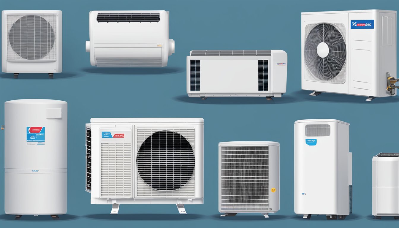 A variety of air conditioning units are displayed, showcasing different types and features. Prices are labeled clearly for customers to compare