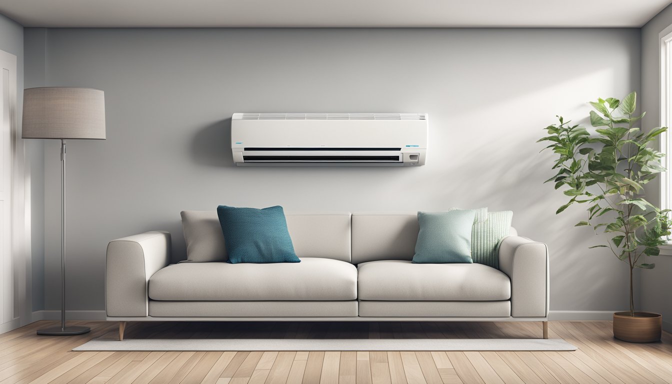 A Daikin split system unit mounted on a wall with sleek design, remote control, and air vents for cooling and heating
