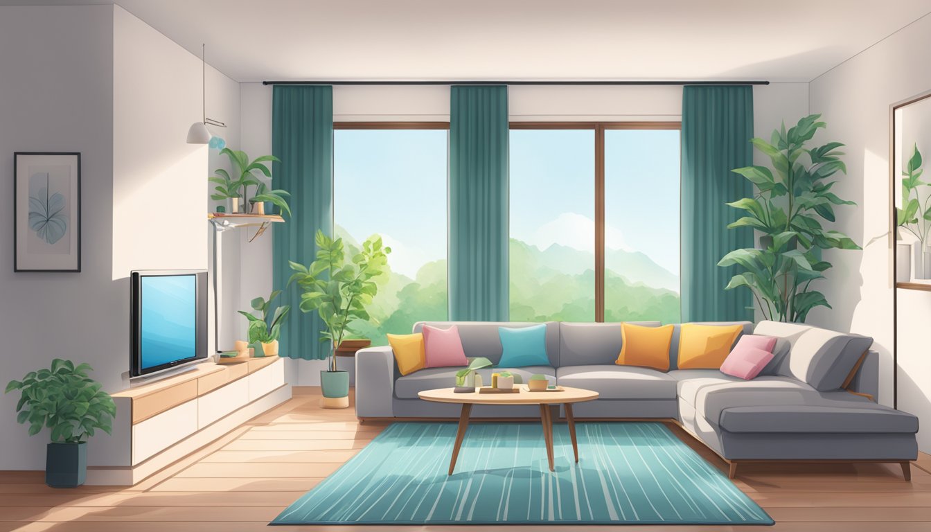 A cozy living room with a Daikin split air conditioner, showing the unit's energy-saving features and comfortable temperature control