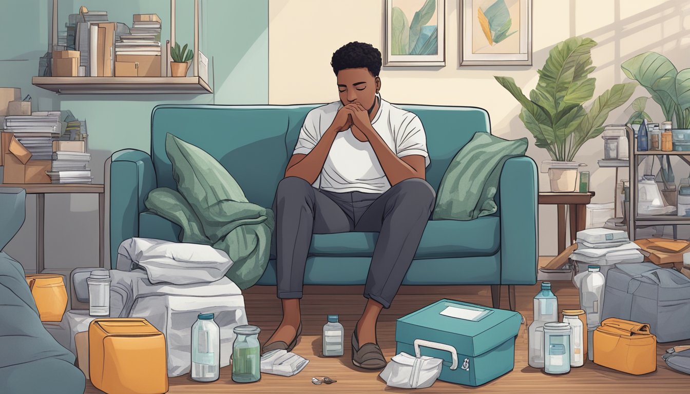 A person sitting on a couch surrounded by recovery resources and medical equipment, with a sense of determination and hope in their expression