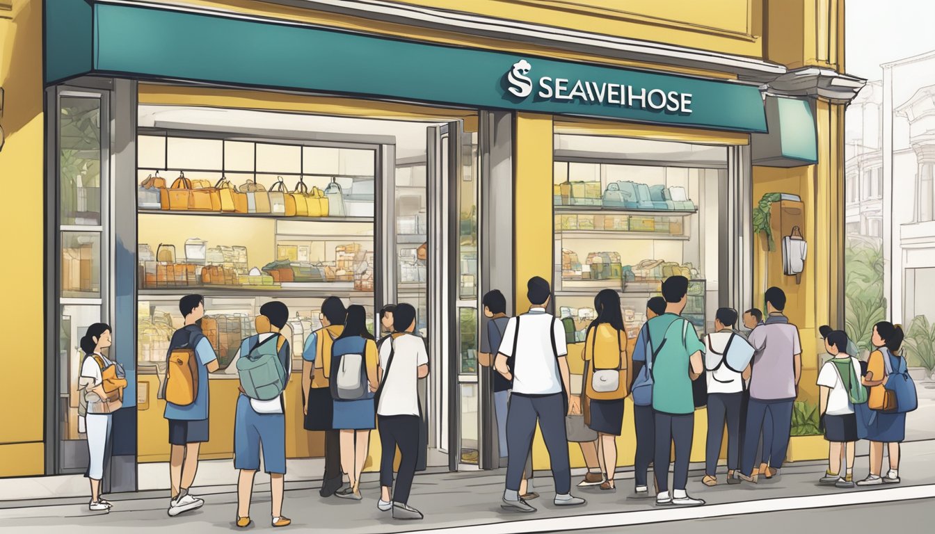 A seahorse logo displayed prominently at a Singapore outlet, with a queue of customers seeking assistance from staff