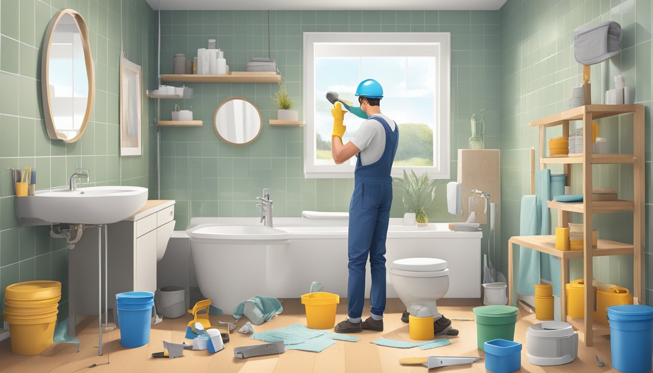 A bathroom with a toilet being renovated, tools and materials scattered around, a worker measuring and installing new fixtures