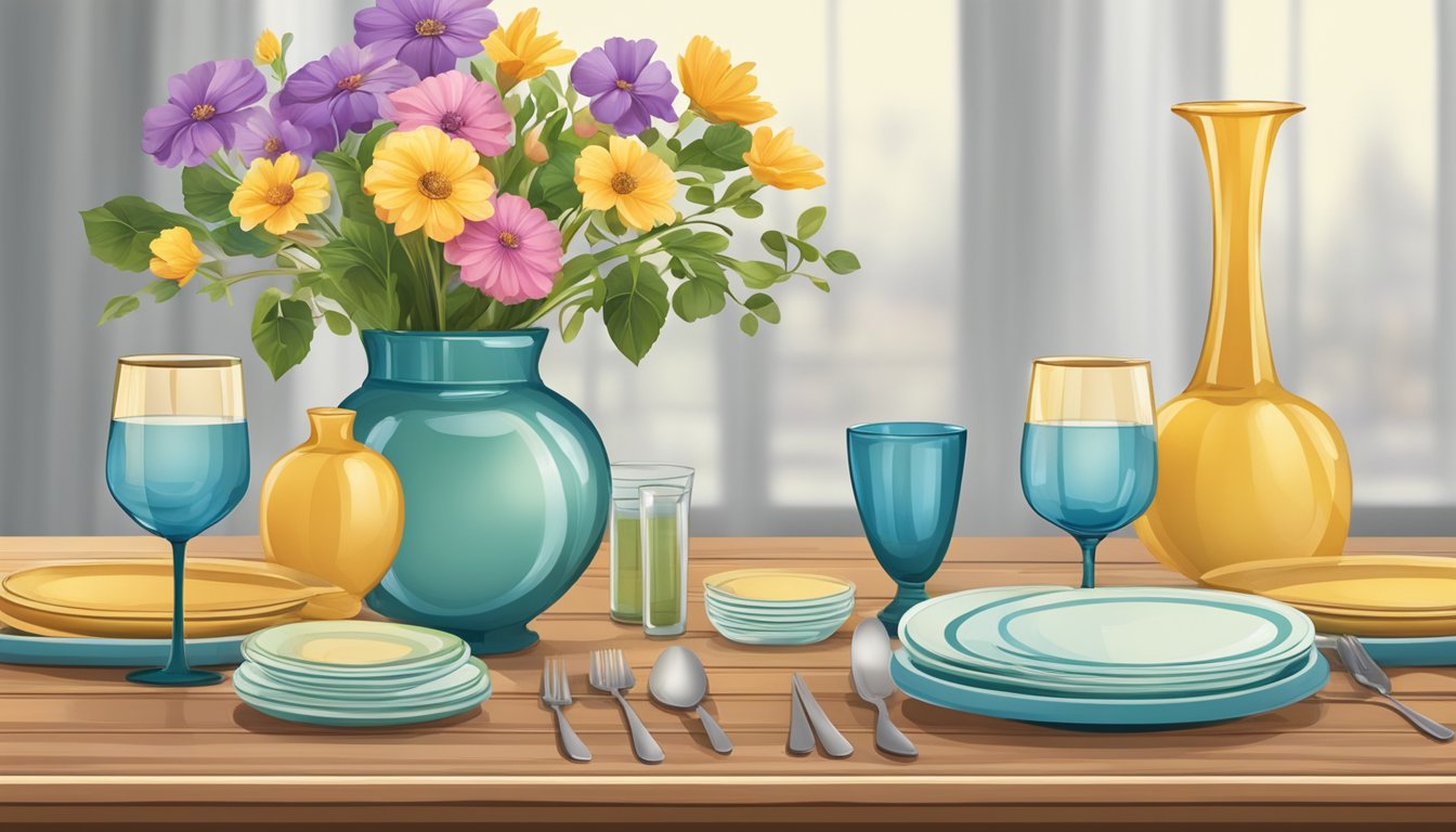 A wooden dining table set with plates, glasses, and a vase of flowers