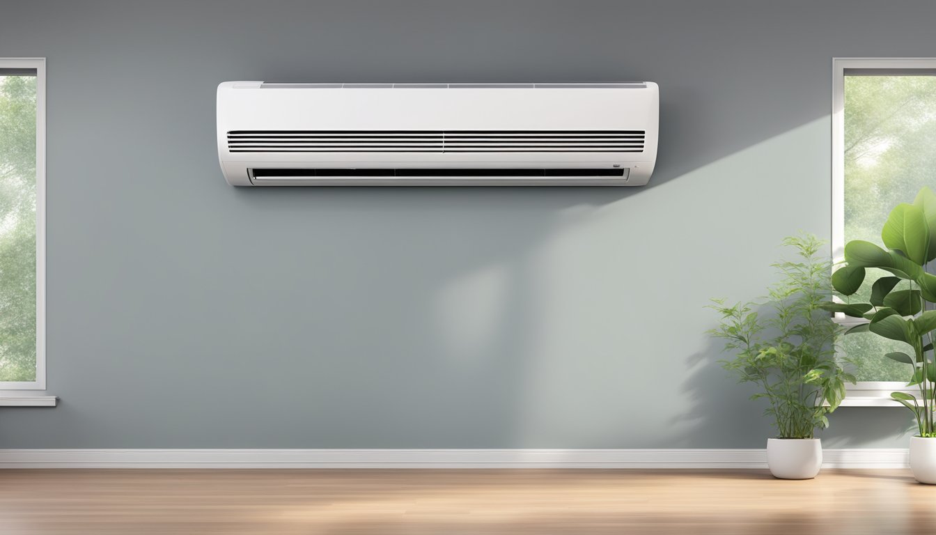 A modern air conditioning unit installed in a Singaporean home, with a focus on its sleek design and energy-efficient features