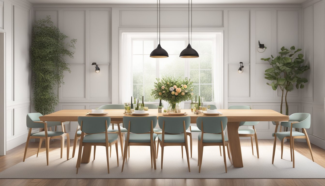 A wooden dining table with a sleek design and natural finish, surrounded by matching chairs. The table is set with simple, elegant dinnerware and a centerpiece of fresh flowers