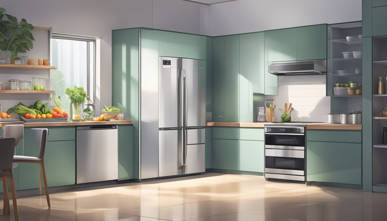 A sleek Toshiba fridge stands in a modern Singapore kitchen, filled with fresh produce and illuminated by soft, ambient light