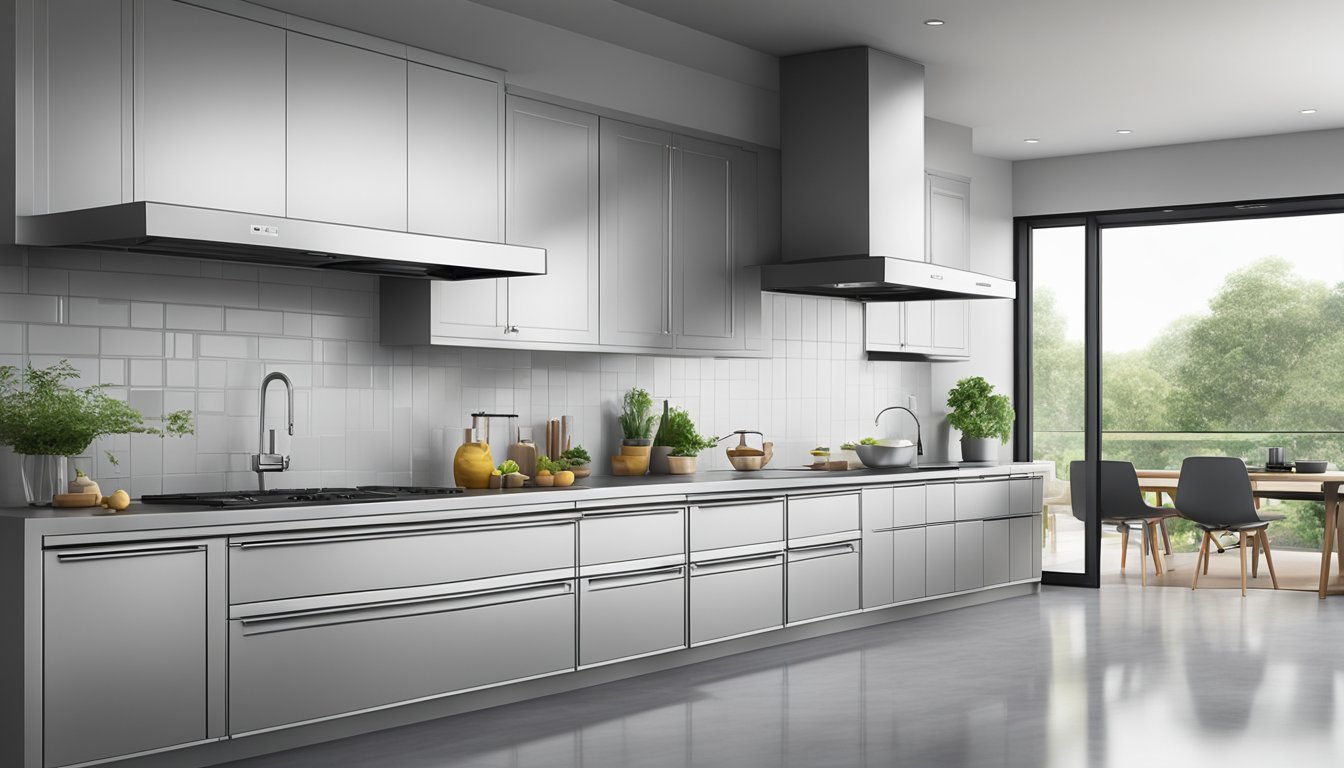 A sleek, stainless steel kitchen hood in a modern Singaporean kitchen, with advanced ventilation and efficient maintenance features