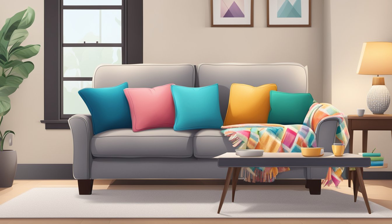 A cozy living room with a plush sofa surrounded by colorful throw pillows, a soft blanket draped over the armrest, and a "sale" sign displayed prominently