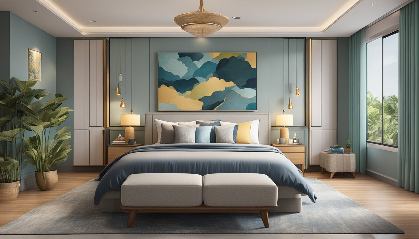 A queen size bed (153cm x 190cm) in a Singapore bedroom, with surrounding furniture and decor