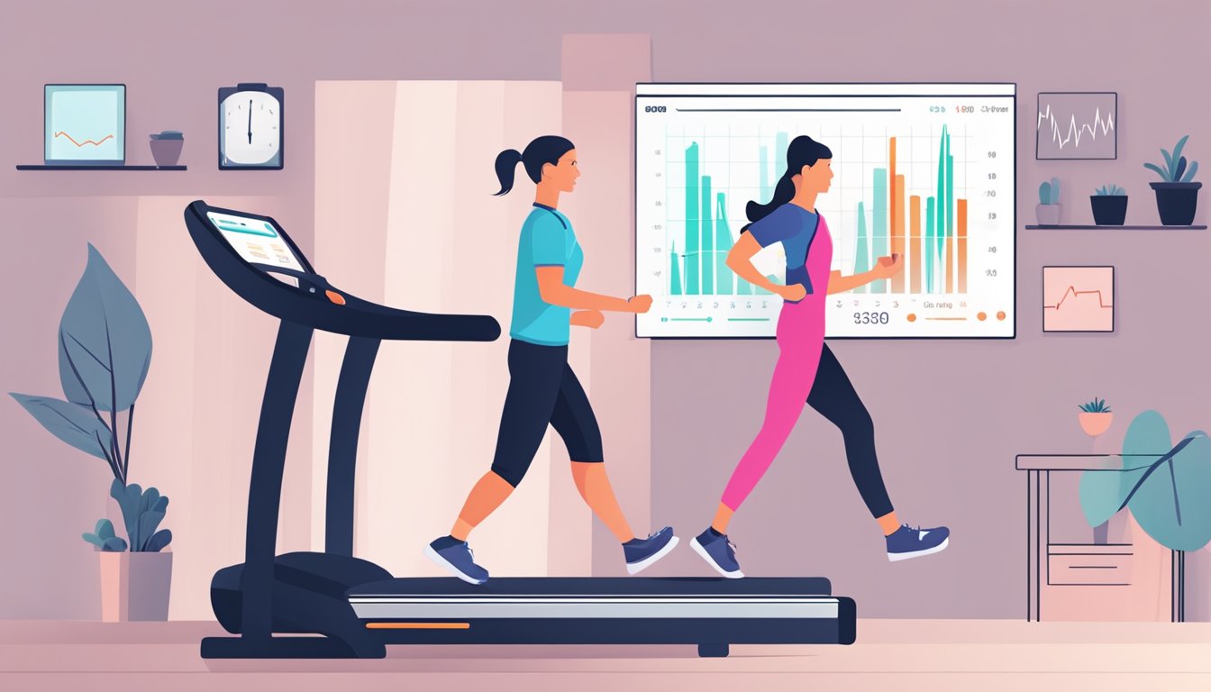 A heart rate monitor displays a fluctuating graph while a person walks on a treadmill